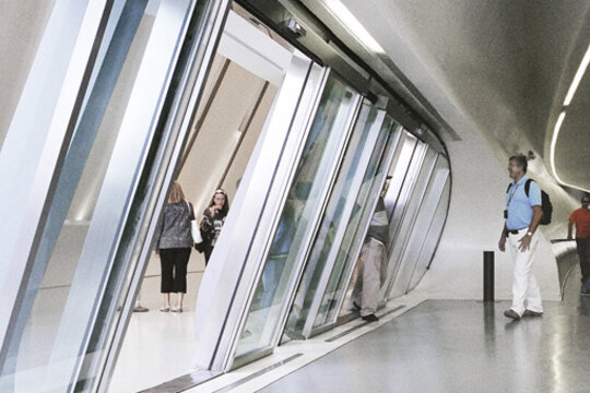 inclined sliding door at transport terminal